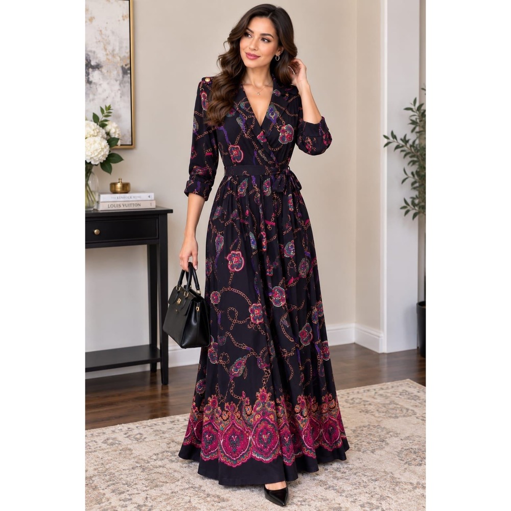 R.J. Stevens Carol Escritor Vtg Maxi Dress Navy Chain Paisley Print Sz 8 pockets